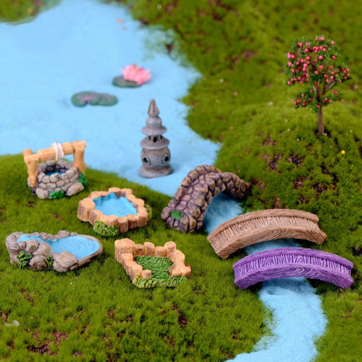 LONCESS Fairy Garden Accessories Miniature Tree House Bridge Mini Lighthouse Water Well Bridge Figurines Pond Lawn Ornament Figurines for DIY Craft Garden Decor,12 Peices-VerdiqueGarden