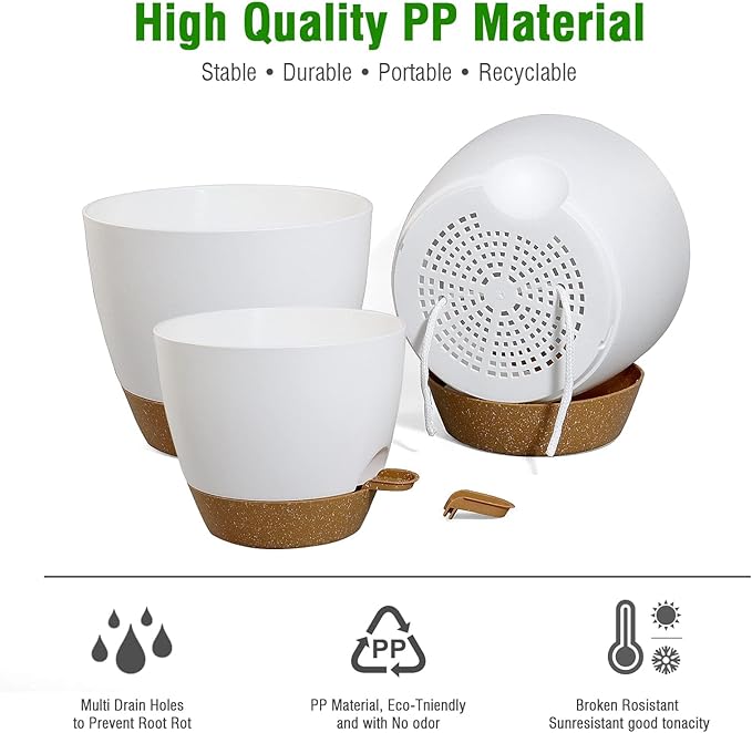 10/9/8 inch Self Watering Pots, Set of 3 Plastic Planters with Mesh Drainage Holes and Deep Reservoir for Indoor Outdoor Garden Plants and Flowers, White with Brown-VerdiqueGarden