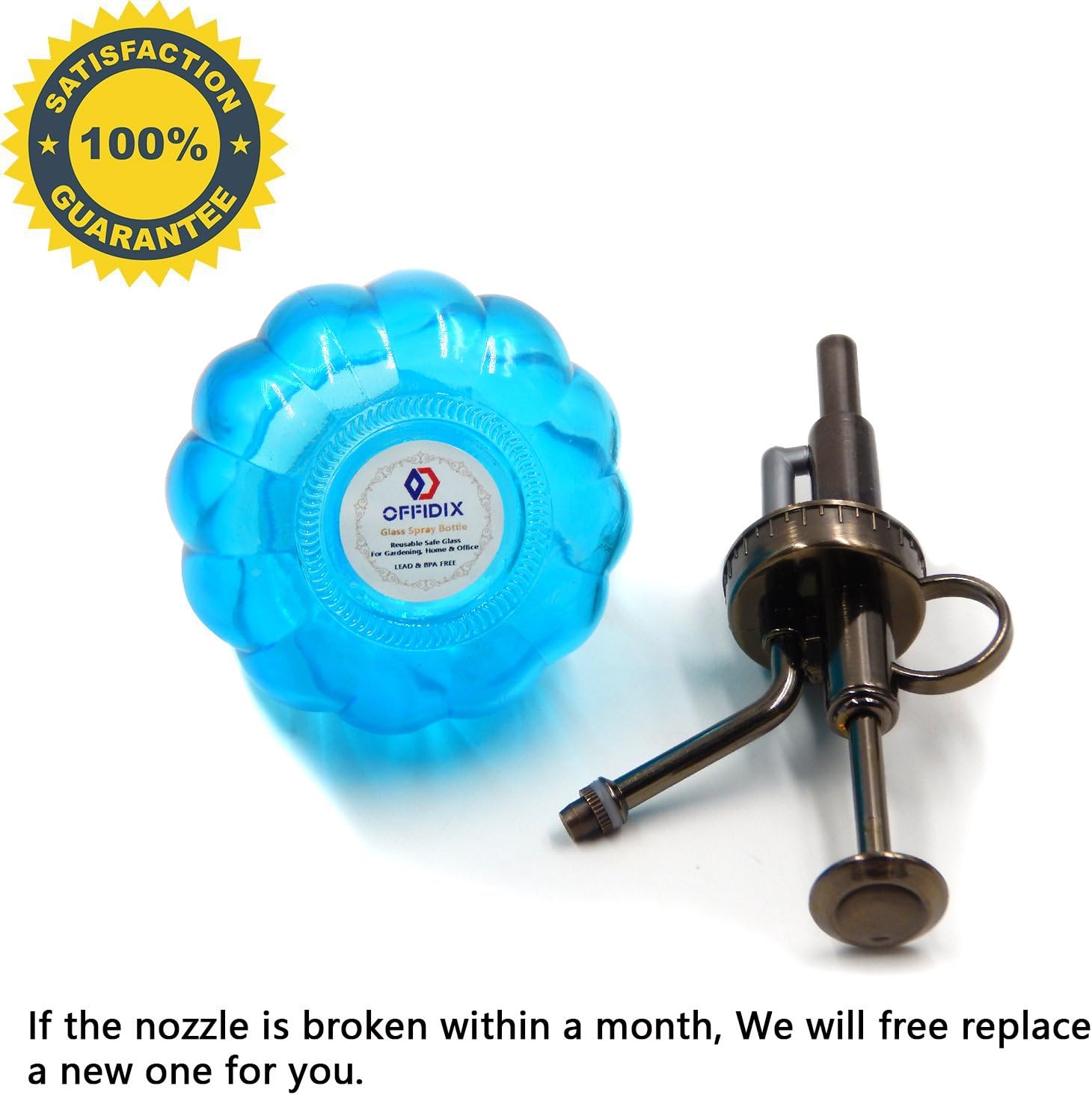 OFFIDIX Glass Watering Spray Bottle, 6.3" Tall Vintage Style with Bronze Plastic Top Pump One Hand Watering Can Spray Bottle (Light Blue)-VerdiqueGarden