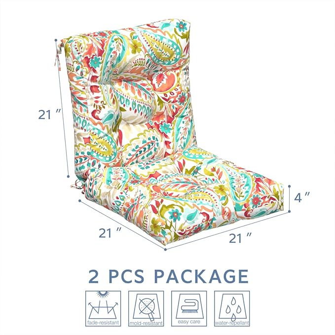 LVTXIII Outdoor Low Back Chair Cushions, Seasonal Replacement Adirondack Chair Cushion with Ties, Patio Waterproof Seat Cushions for Home Garden Use, 21 W x 21 D, Set of 2, Pretty Paisley-VerdiqueGarden