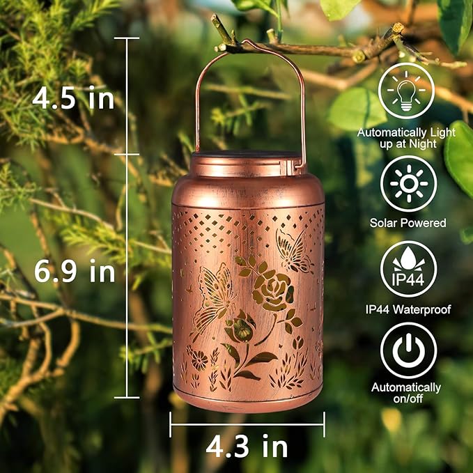Rose Butterfly Decoration Solar Lanterns Outdoor Waterproof Garden Decor Gifts for Women Mon Grandma Metal Hanging Solar Lights for Outside LED Lanterns for Yard, Patio-VerdiqueGarden