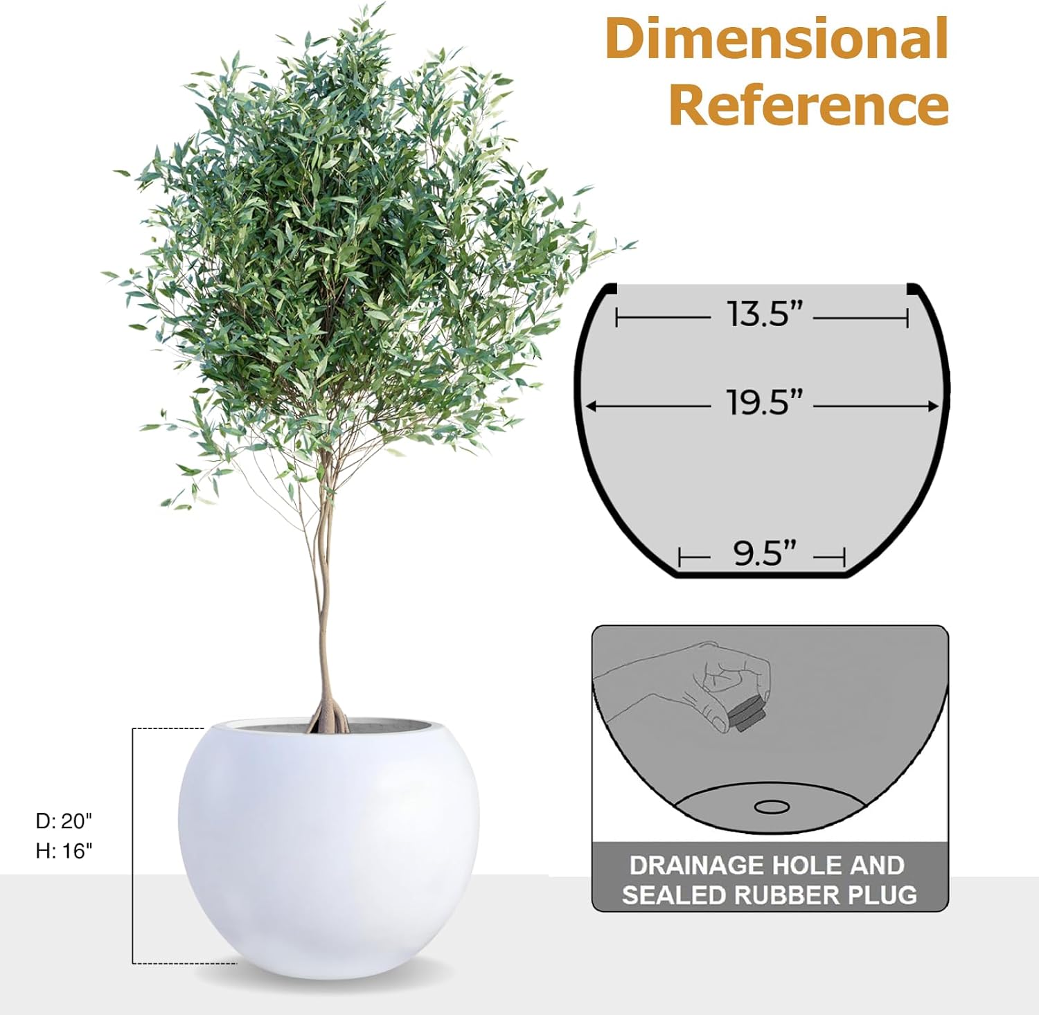 16" H x 20" D Globo Fiberstone Round Planter with Drainage Hole, Weather Resistant, Smooth Finish, Planters for Indoor Plants & Outdoor, 2 Extra Coco Mats (White, 13.5" Pot Opening)-VerdiqueGarden