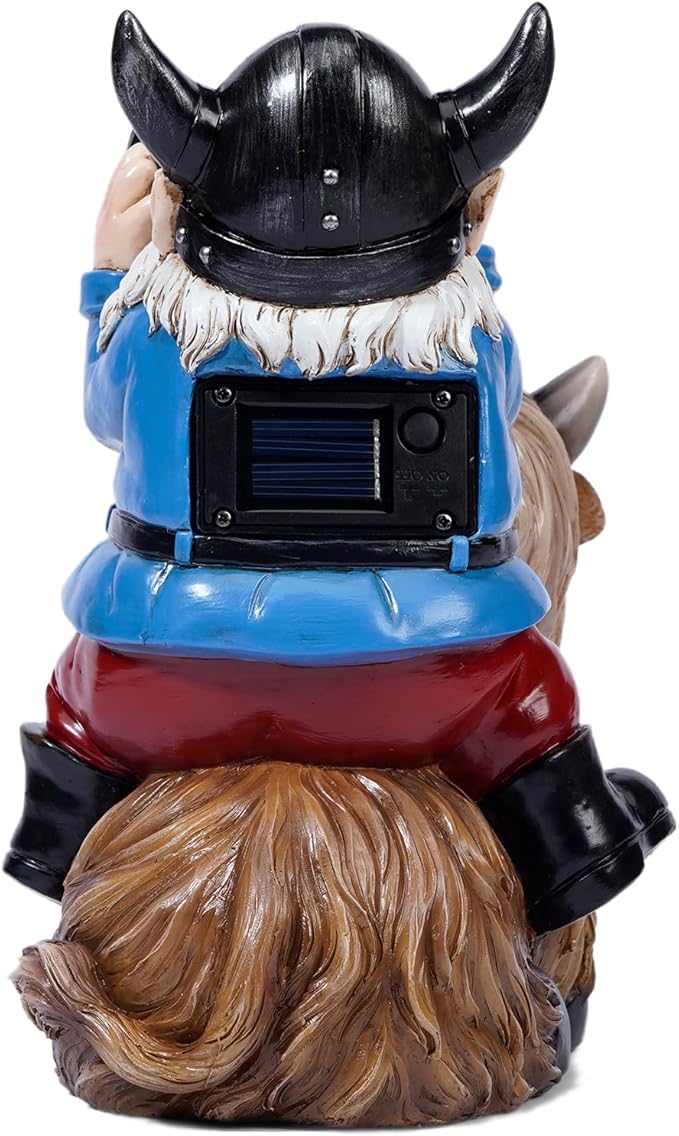 Garden Gnome Statues Resin Gnome Sitting on Highland Cow Solar Lights Outdoor Telescope Gnome Gifts for Yard, Patio Decor Gift(Cow Gnome)-VerdiqueGarden