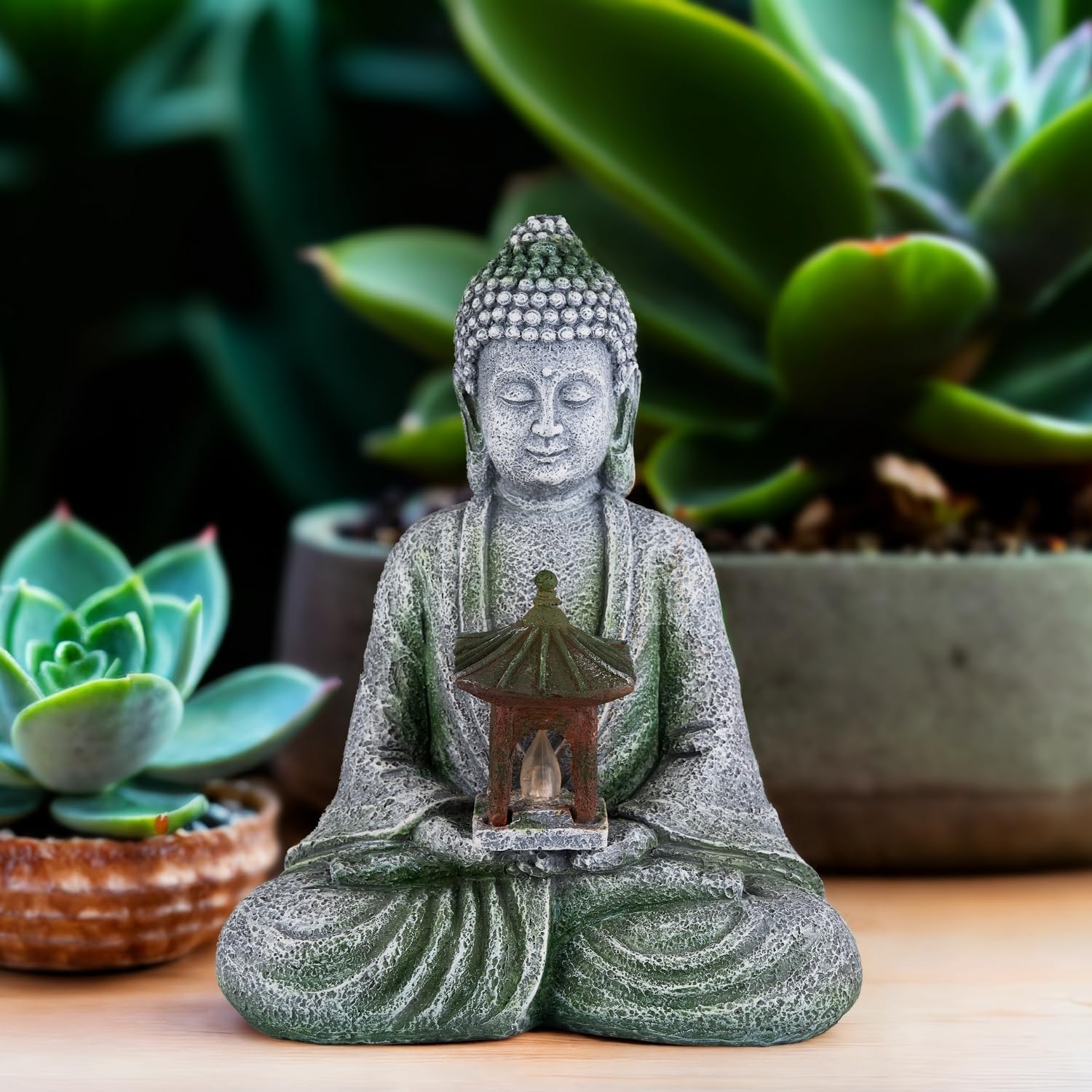 Buddha Garden Statue with Solar Light, Resin Zen Decor for Outdoor Patio or Indoor Meditation, Spiritual Gift for Women and Friends (Grey Pavilion)-VerdiqueGarden