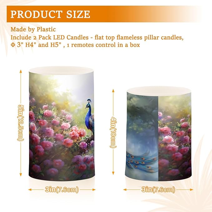 Flickering Flameless Candles, Peacock Flowers LED Candles with Remote Timer, Set of 2 Battery Operated Candle for Valentine Wedding Birthday-VerdiqueGarden