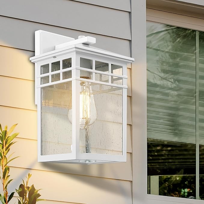 Outdoor Light Fixture Wall Mount, Rustic Exterior Lights Fixture Wall Sconces with Seeded Glass for Front Porch, Waterproof Outdoor Lantern in White Finish for Home, Garage, Barn, Storefront-VerdiqueGarden