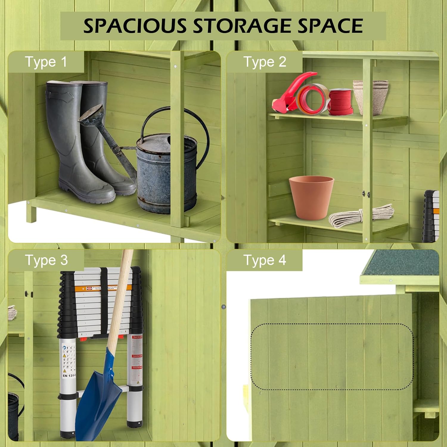 Outvita Outdoor Storage Cabinet with Waterproof Roof, Double Lockable Doors Garden Shed with 2 Removable Shelves, Wooden Storage Shed with Large Storage Space for Yard Garge Patio Deck Porch（Green）-VerdiqueGarden