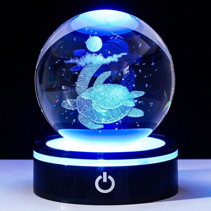 YWHL 3D Sea Turtle Crystal Ball Figurine with LED Base Laser Sea Turtle Gifts for Women Men on Christmas Birthday Decorative Turtle Ball Sea Turtle Glass Globe Night Light for Home Decor (80mm)-VerdiqueGarden