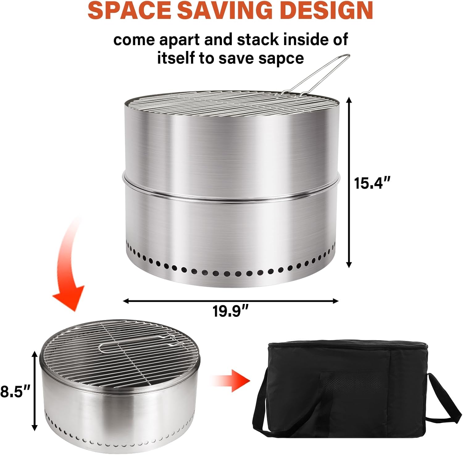 HGD 20 Inch Smokeless Firepit with Grill, Portable Wood Burning Fire Pit for Camping & Backyard, Stainless Steel Outdoor Fireplace with Travel Bag, Easy Setup & Compact Storage - Foldable Design-VerdiqueGarden