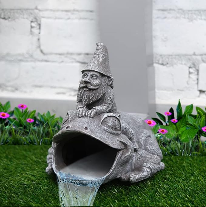 Gutter Downspout Extension - Downspout Splash Block - Downspout Diverter Garden Statue (Gutter in The Form of Funny Gnome on a Frog)-VerdiqueGarden