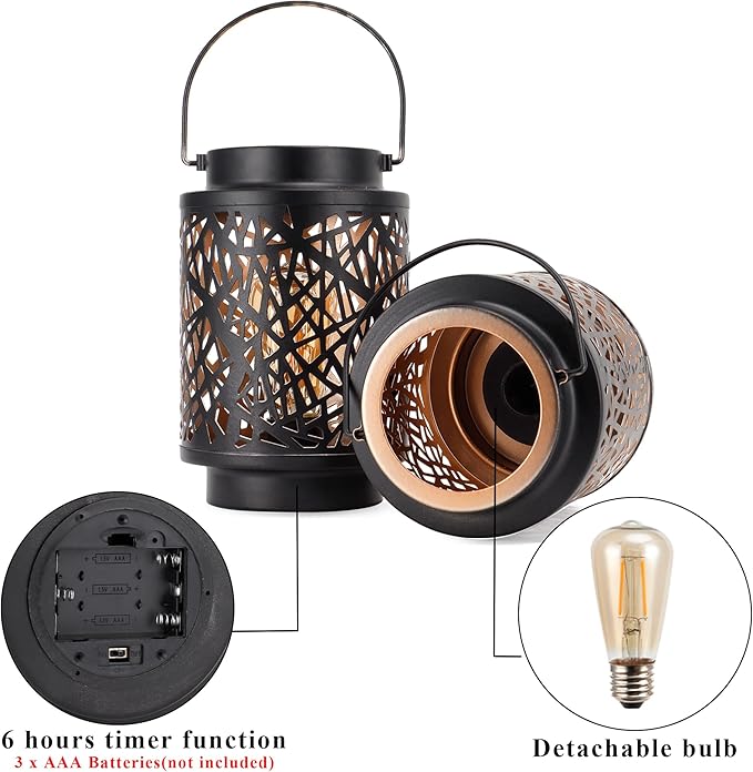 JHY DESIGN Set of 2 LED Battery Operated Table Lamp 8“H Cordless Lamp Light with 6-Hours Timer Metal Black Battery Lamp for Patio Garden Indoor Outdoor Party Events(Hollow Branch)-VerdiqueGarden