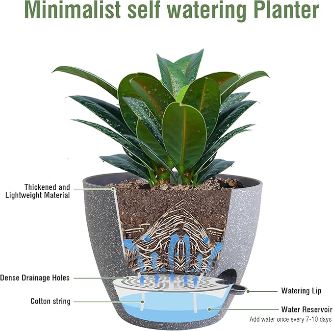 12 inch Large Self Watering Pots, Plant Pots with Mesh Drainage Holes for Indoor Outdoor Plants, Plastic Planters with Deep Reservoir for Garden House Flower Plants, Speckled Grey-VerdiqueGarden