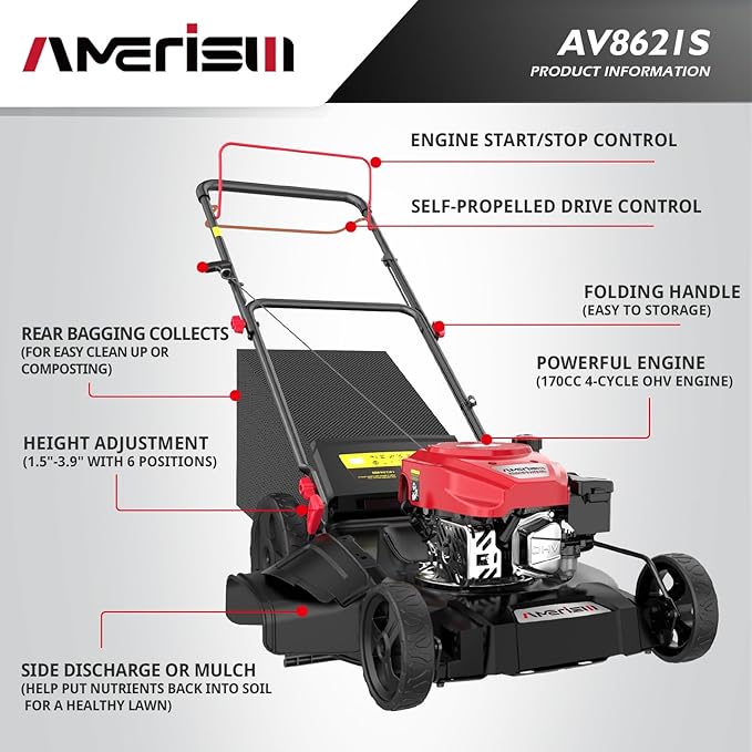 Self Propelled Gas Lawn Mower, 21" with 170cc 4-Cycle OHV Engine 3-in-1 RWD Self-Propelled Lawn Mower (AV8621S1)-VerdiqueGarden