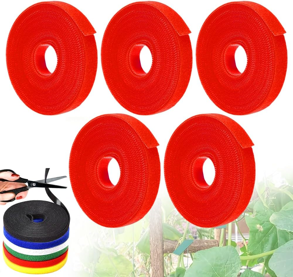 Reusable Plant Ties Tape for Climbing Plants, Garden Ties Tomato Plant Supports, Adjustable Garden Twine & Twist Ties Plant Ties for Outdoor Indoor Plants Stakes Gardening Supplies (Red, 5 Rolls)-VerdiqueGarden