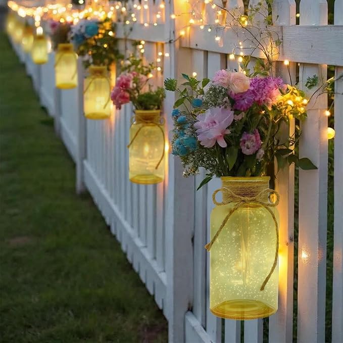 Vintage Glass Flower Vase，6 Pack Gold Amber Farmhouse Glass Centerpiece Vases Mason Jars for Weddings, Parties & Home Decor Bulk (6, Gold)-VerdiqueGarden