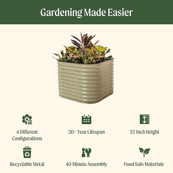 Vego garden 32" Extra Tall Raised Garden Bed Kits,4 in 1 Modular Raised Planter Box for Vegetables Flowers Fruits Oval Metal Raised Garden-Olive Green-VerdiqueGarden