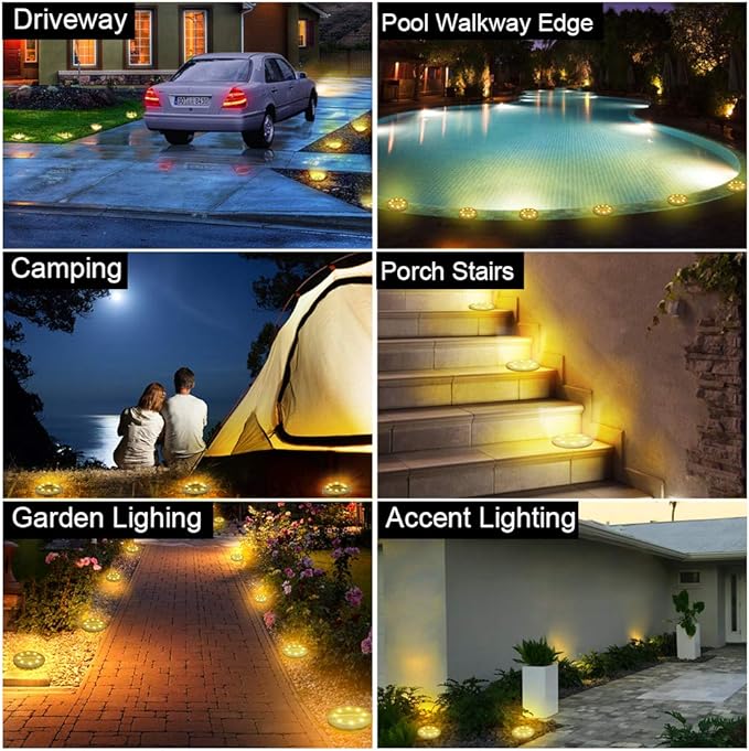 Solar Powered 8 Pack Outdoor LED Disk Lights - IP68 Waterproof, Non-Slip, Wear-Resistant Pathway Lights (Warm White)-VerdiqueGarden