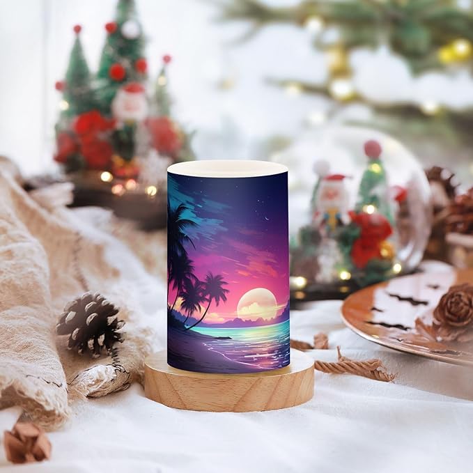 Flickering Flameless Candles, Palm Tree Beach Tropical LED Candles with Remote Timer, Set of 2 Battery Operated Candle for Valentine Wedding Birthday-VerdiqueGarden