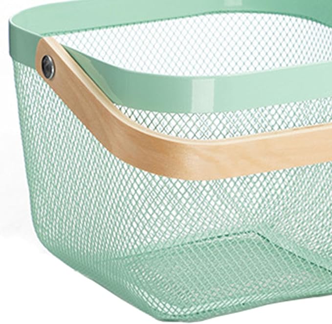 Metal Mesh Steel Basket, Storage Organizer Basket Multi-functional Hanging Kitchen Baskets Fruit Basket with Wooden Handle for Kitchen Bathroom Picnic Shopping Decor Cabinet Home, Macaron Blue-VerdiqueGarden
