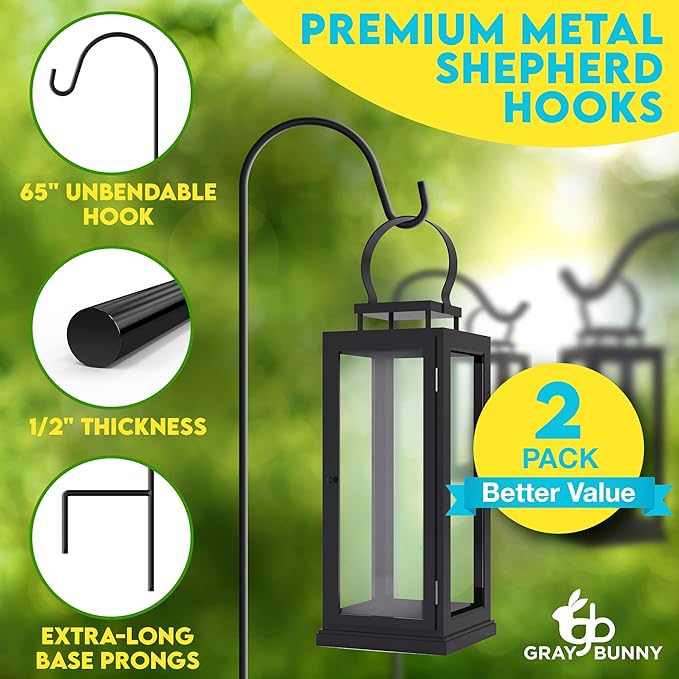 Gray Bunny 65" Shepherds Hooks for Outdoor 2 Pack, Thick Bird Feeder Pole, Hanging Plant Stand, Shepherds Hook for Bird Feeder, Non-Hollow, Non-Adjustable, Extra Long Base Prongs-VerdiqueGarden