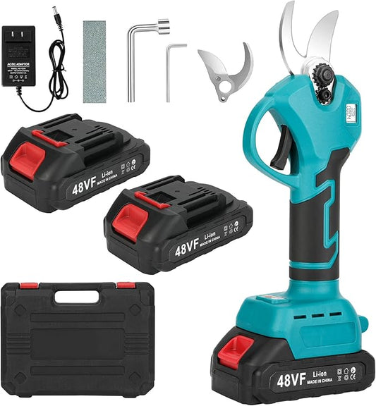 Electric Pruning Shears, Cordless Electric Scissors with 2 PCS Rechargeable 48V 2.0 Ah Batteries & 2 Blades, 1.6" Cutting Diameter Pruning Shears Garden Tool for Tree Trimming Branch Cutter-VerdiqueGarden