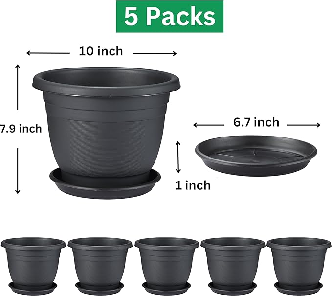 5 Packs 10 inch Plant Pots + Saucer, Planters for Indoor & Outdoor Plants with Drainage Holes | Plastic Flower Pots, Large Planter (Black, 10 inch)-VerdiqueGarden