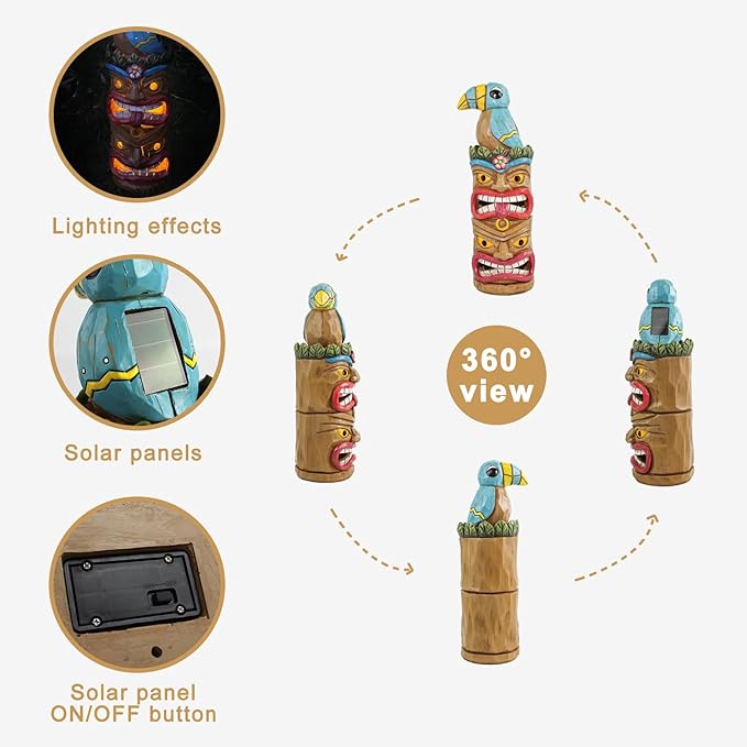 Tiki Totem Pole-Solar Tiki Statue Head Decor - 12.32 inch Tall Tiki Decorations for Tiki Bar Outdoor Patio Balcony Yard Backyard-VerdiqueGarden