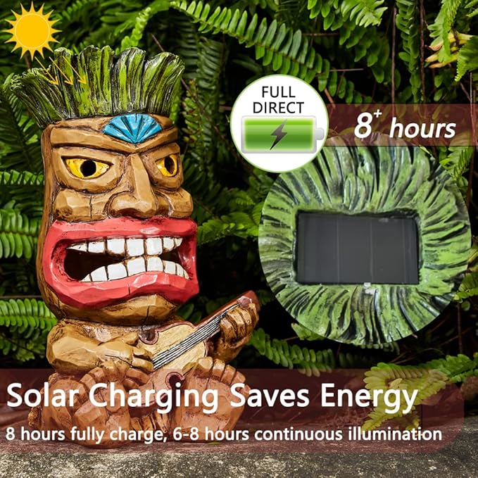 Solar Tiki Statue Outdoor Decor-Garden Guitar Tiki Statues-Tiki Bar Decorations for Outdoor Patio Yard Lawn Balcony Bar Party,Waterproof Garden Sculpture 10.35 Inch Tall-VerdiqueGarden