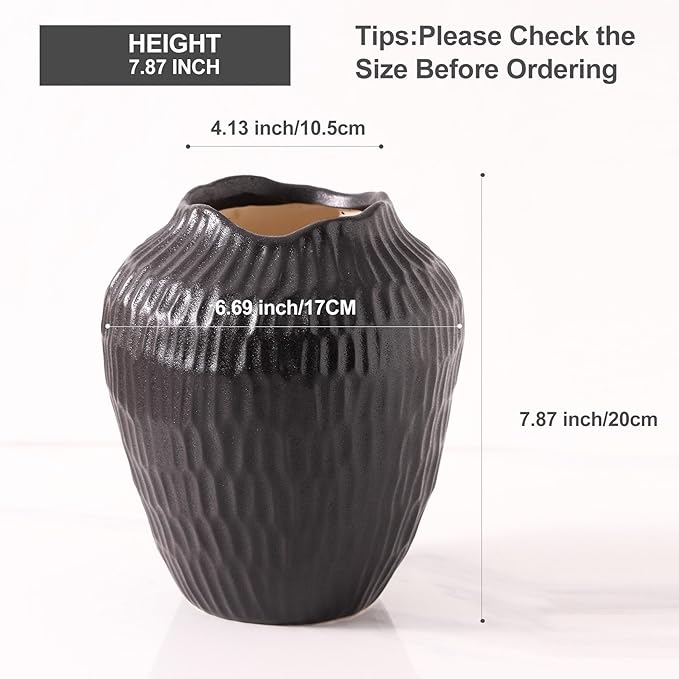 7.8 Inch Black Ceramic Vase - Modern Minimalist Round Vase for Centerpiece, Farmhouse, Living Room-Handcrafted Decorative Design for Dried Flowers, Plants, Home Decor, Rustic & Vintage Styles-VerdiqueGarden