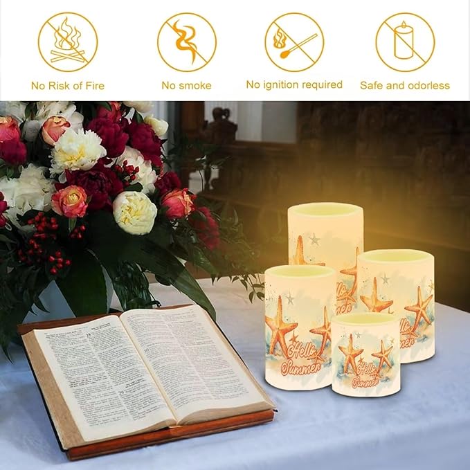 Flameless LED Candles Electric Candles with Remote Timer Control Color Changing Long Lasting Tealights Fake Candles Set of 4, Beach Themed Home Decoration, Starfish Hello Summer-VerdiqueGarden