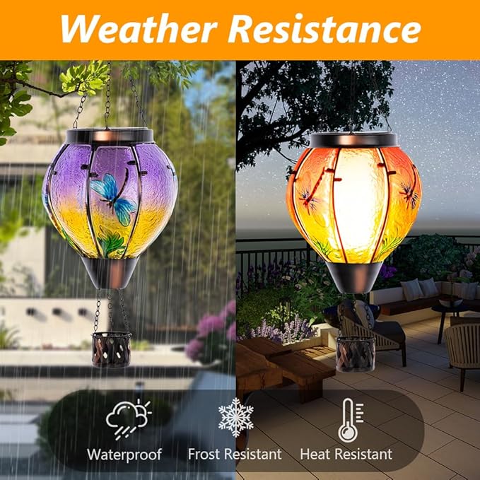 Starsoul Dragonfly Hot Air Balloon Solar Lantern Outdoor Glass Hanging Hot Air Balloon Lantern with Flame Light Waterproof for Patio Pathway Yard Porch Backyard Decor-VerdiqueGarden
