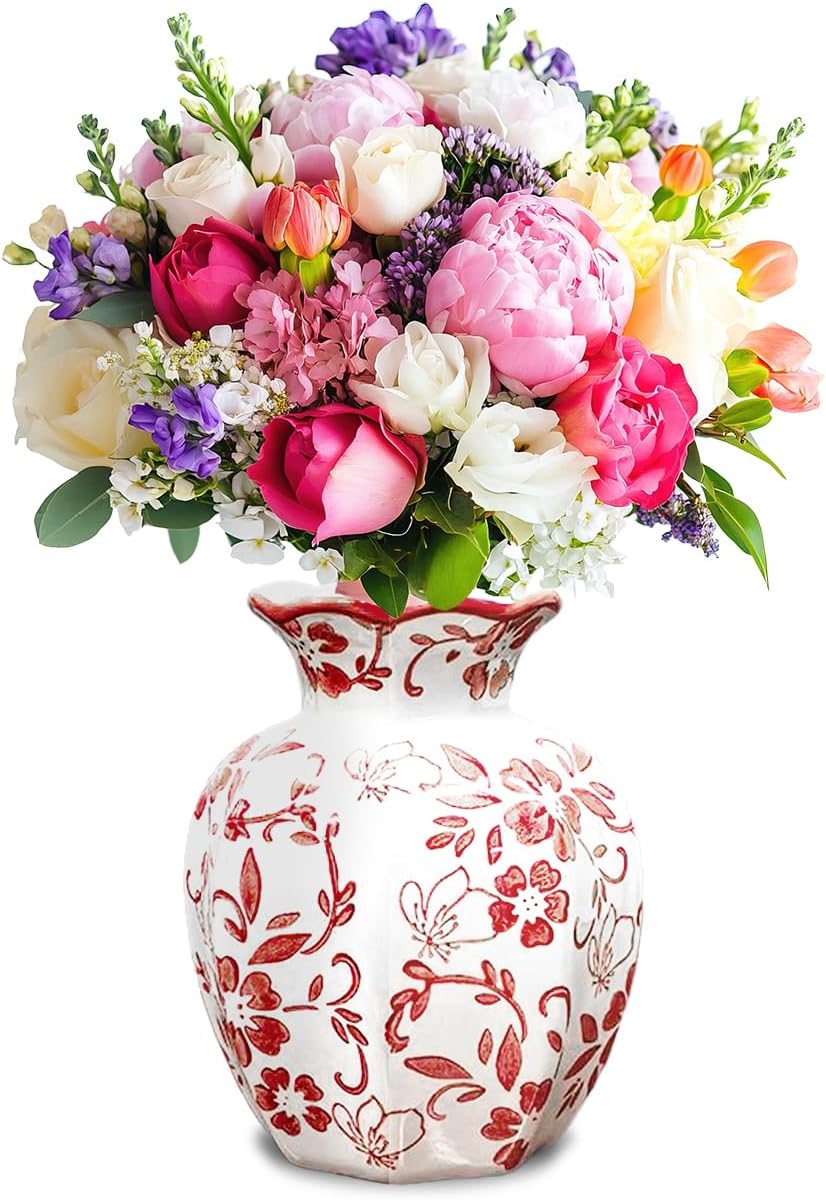 Chinoiserie Vase,Red and White Vase,Vintage Ceramic Vases,Flower Vase for Centerpiece,Chinese Cute Vases for Living Room, Office,Home Decor (Red White, Small)-VerdiqueGarden