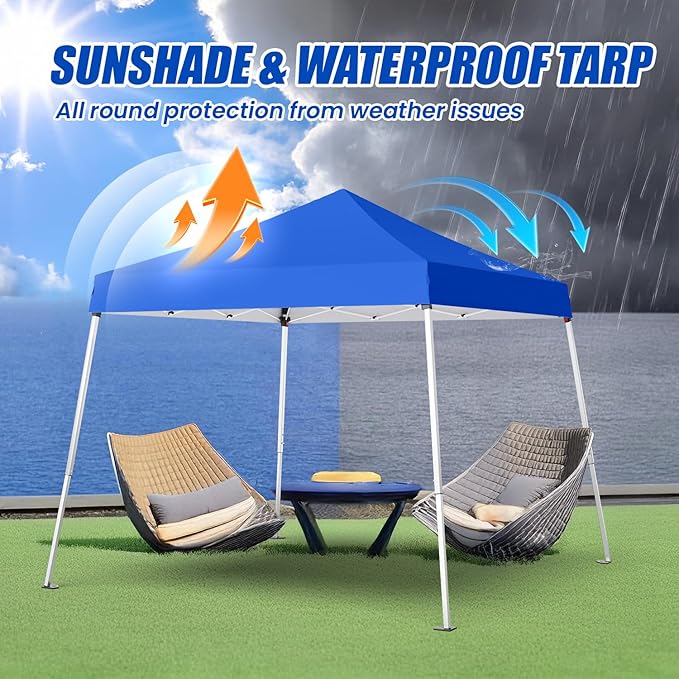 10x10 Pop Up Canopy, 300D Silver Coated Blue Fabric Outdoor Gazebo, Beach Tent Slant Legs with Storage Bag,Easy Up Sun Shade Shelter Tents with 8x8 Top Cover for Patio,Party-VerdiqueGarden
