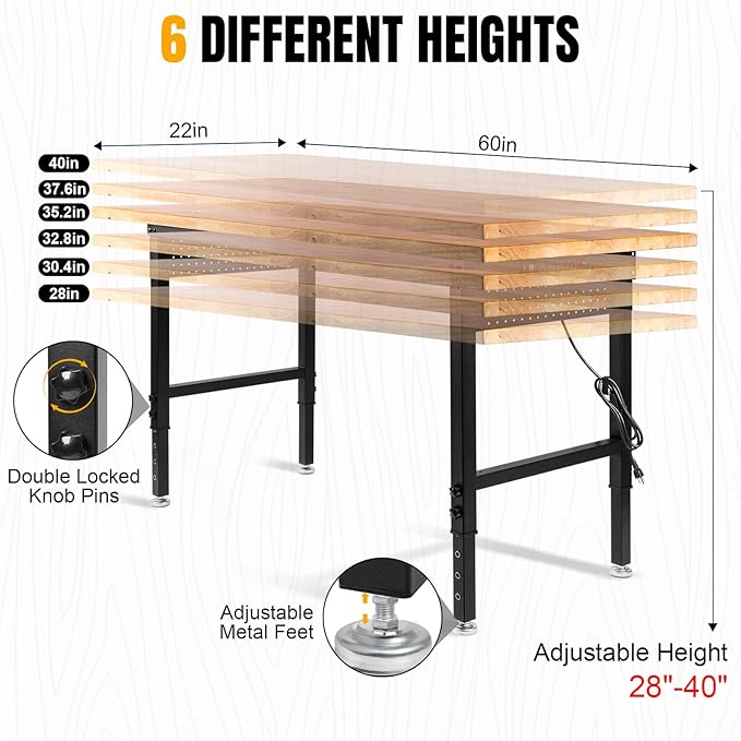 Height Adjustable Workbench Heavy Duty Work Table 2000 LBS Load Capacity 60”×22” Rubber Wood Work Station with Power Outlet & Pegboard for Garage, Workshop, Office,Party Shop, Home-VerdiqueGarden