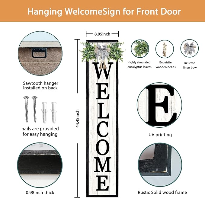 Surfapans Welcome Sign for Front porch Standing 45"X9"Large Wood Frame Outdoor Tall Welcome Signs Vertical Decor for Farmhouse Rustic Home Modern Outside Front Door Wall Decorations (Black)-VerdiqueGarden
