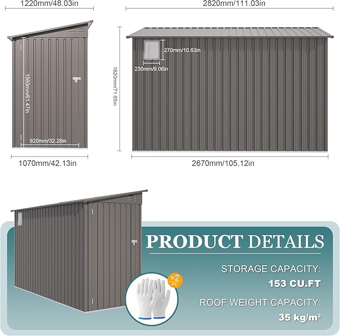 4 * 9.2 FT Outdoor Storage Shed, Galvanized Steel Garden Shed with Lockable Door & Window, Waterproof Metal Tool Storage for Garden, Backyard, Patio, Lawn(Gray)-VerdiqueGarden