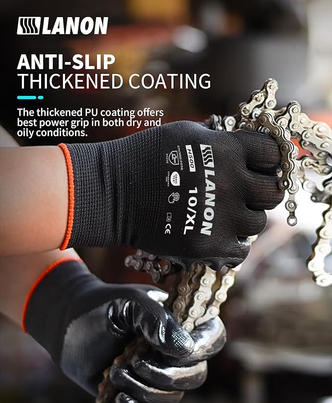 LANON Safety Work Gloves for Men and Women, 18 Pairs Mechanic Black Working Gloves with Grip Odorless PU Coated, Seamless Knit, Full Fingertip Touchscreen for Light Duty Working Gloves, X-Large-VerdiqueGarden