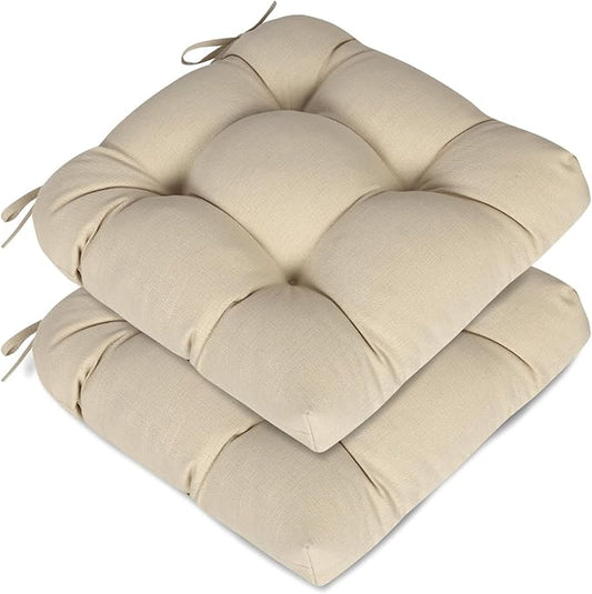 Aoodor 19" x 19" x 5" Tufted Outdoor Chair Cushions, Water Resistant & Fade Resistant Polyester Dining Chair Pads with 2 Straps for Patio Furniture, Set of 2-VerdiqueGarden