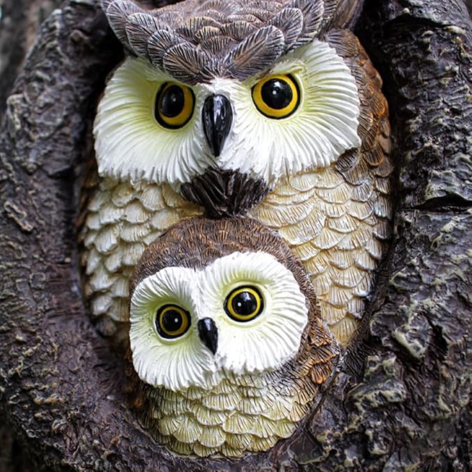 Owl Tree Hugger Whimsical Tree Sculpture Garden Statues Outdoor Tree Face Decor Garden Peeker Yard Art Decorations (Mom and Baby Owl)-VerdiqueGarden
