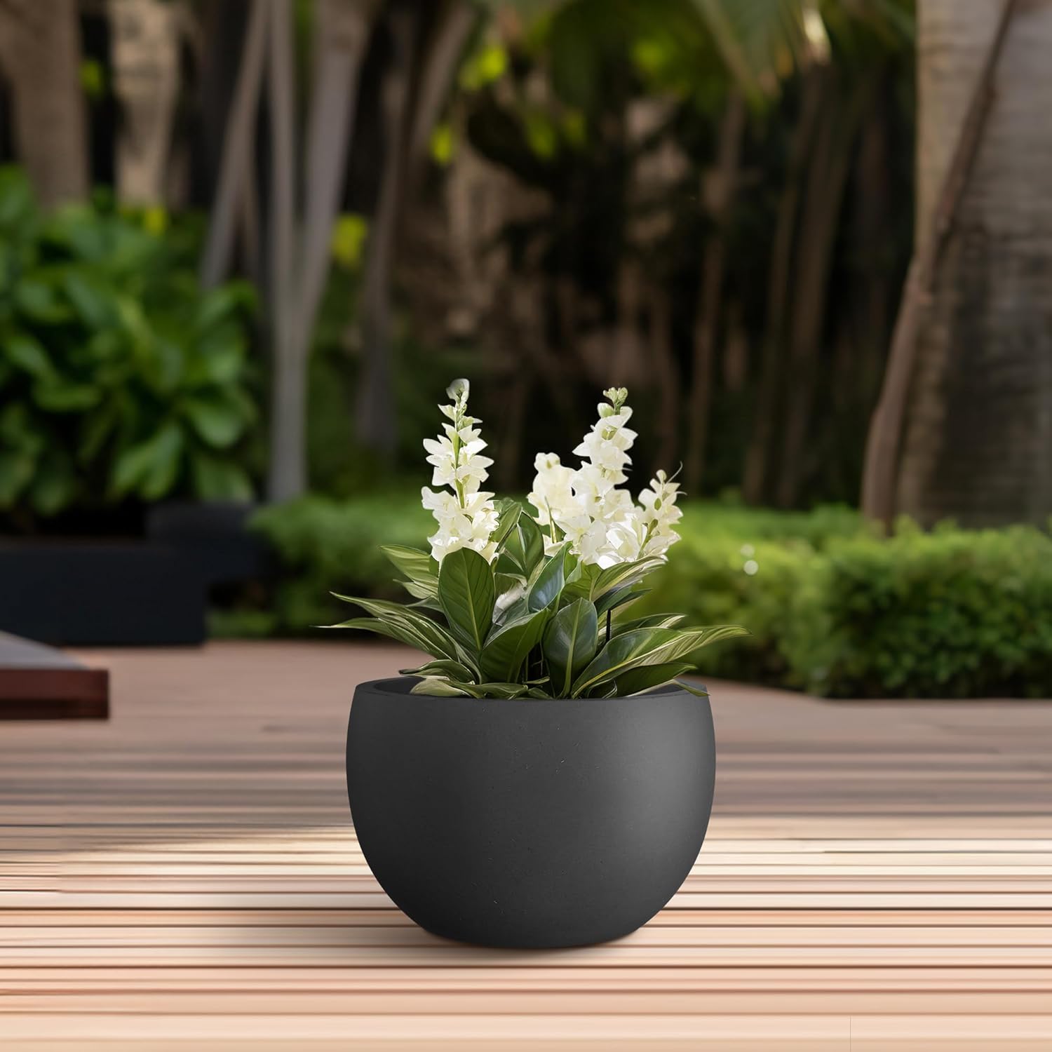 Kante 11.8" Dia Round Concrete Planter, Outdoor/Indoor Large Bowl Plant Pots with Drainage Hole and Rubber Plug for Garden Patio Balcony Home, Black-VerdiqueGarden