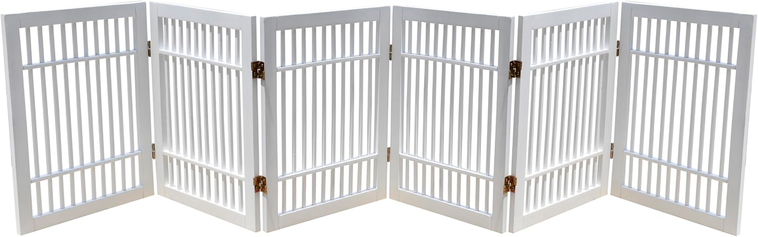 Pet Dog Gate Strong and Durable Freestanding Folding Acacia Hardwood Portable Wooden Fence Indoors or Outdoors by Urnporium (White Pet Gate, 6 Panel 24" Tall)-VerdiqueGarden