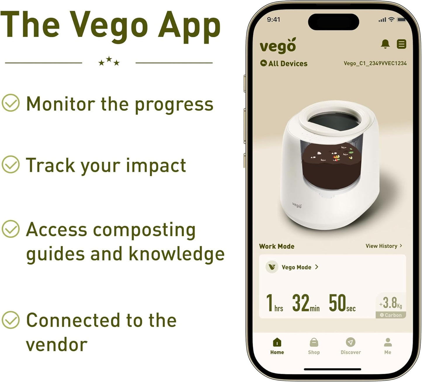 Vego Kitchen Composter, 4L Electric Composter Countertop 5 Modes Weight-Based Smart Compost Bin with App Odorless Auto-Cleaning Food Waste Compost Machine Indoor, Black-VerdiqueGarden
