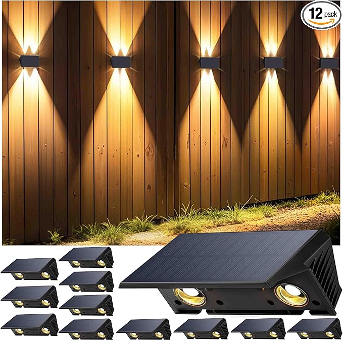 Fence Lights Solar Powered, 12-Pack Solar Fence Lights Up/Down Flexible Buttons, IP67 Waterproof for Outdoor, 120LM Bright, Auto Dusk to Dawn for Wall/Stairs/Yard/Railing/Deck/Pathway (Warm White)-VerdiqueGarden