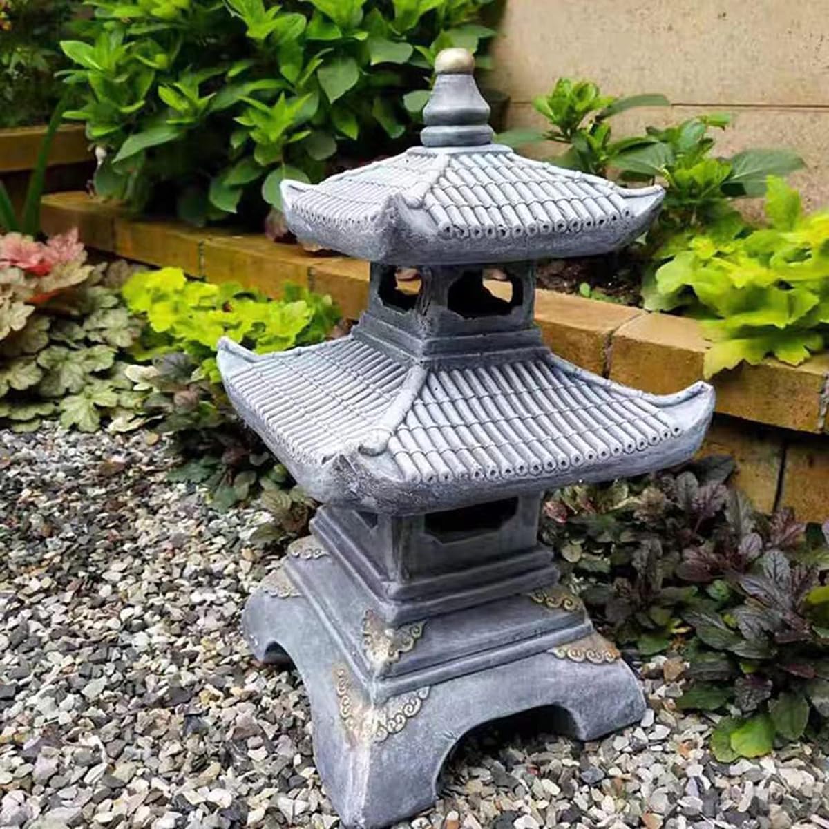 Outdoor Zen Garden Lantern - 2 Tier Pagoda Garden Statue, Stone Lantern, Japanese Style for Zen Lawn Garden Decoration and Christmas Ornament (Dark Gray)-VerdiqueGarden