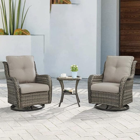 Outdoor Patio Swivel Rocker Chairs - 3 Piece Patio Bistro Set,Wicker Patio Furniture Set with 2 Swivel Rocking Chairs and 1 Glass Top Side Table for Deck Porch Garden,Mixed Grey/Grey-VerdiqueGarden