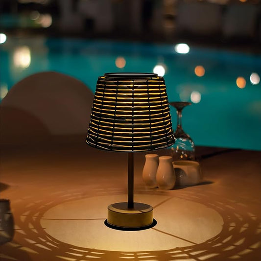 Solar Rattan Woven Desk Lamp, Outdoor Table Lamps for Patio, Garden, Bedroom, Living Room (Black)-VerdiqueGarden