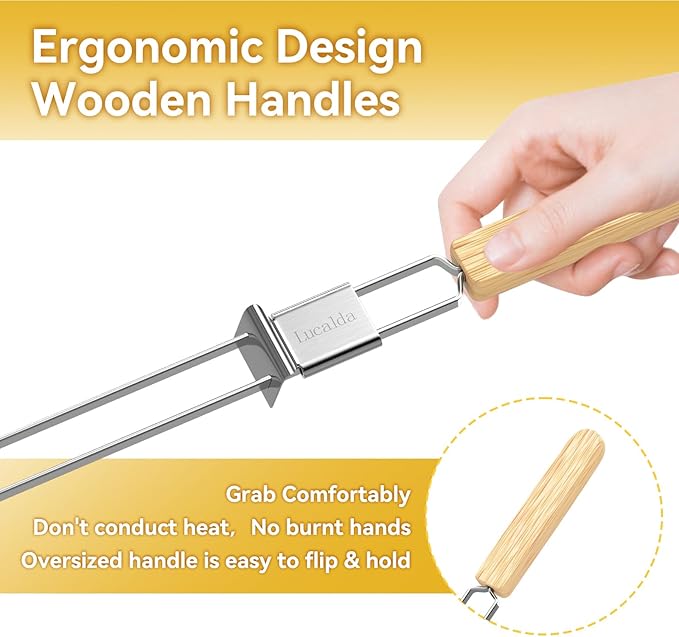 Skewers for Grilling, 17" (6 Pcs) Wooden Handle Double Pronged Stainless Steel Flat Kabob Skewers with Push Bar, Reusable Long Metal Skewer Sticks for Meat Chicken Vegetable, BBQ Accessories-VerdiqueGarden