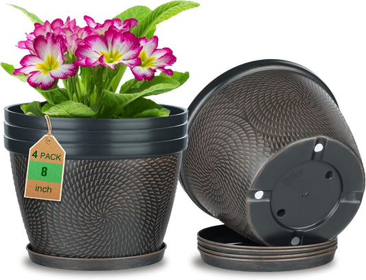 Quarut 4 Pack 8 Inch Flower Pots for Outdoor Indoor, Plastic Plant Pots with Drainage Hole & Saucer, Lightweight Small Flower Pot, Circle Pattern Planters for Garden House planters（Black Copper）-VerdiqueGarden