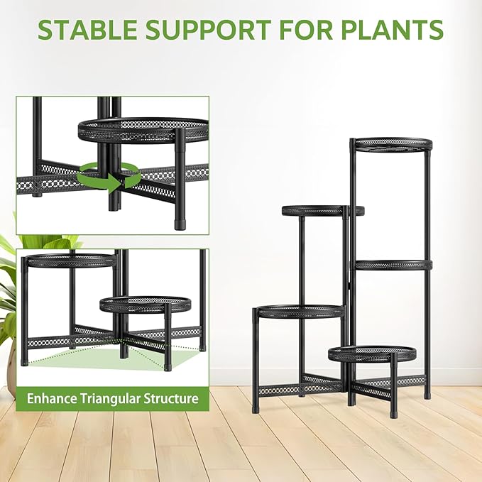 iDavosic.ly 5 Tier Large Plant Stand Indoor with 10-Inch Wide Drainage Tray, Tiered Corner Metal Outdoor Flower Display Holder Shelf, Folding Tall Rack for Patio Porch Balcony, Black Iron Carving-VerdiqueGarden
