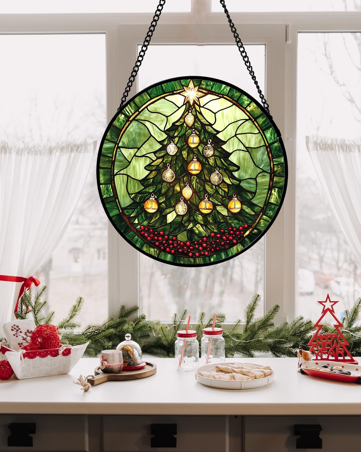 Stained Glass Window Hanging - Green Christmas Tree Golden Bells Suncatcher for Doors Home Christmas Decoration Sun Catcher Thanksgiving New Year Birthday Gift for Women Men Mom Nana 6.3 in-VerdiqueGarden